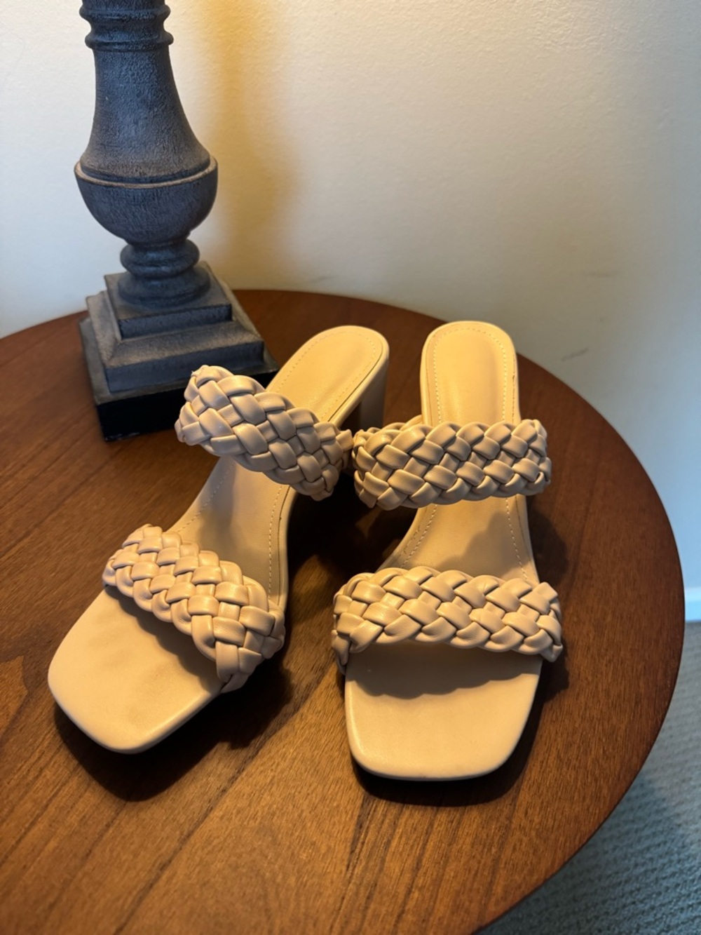 Woven Double-Strap Slide Sandals in Beige